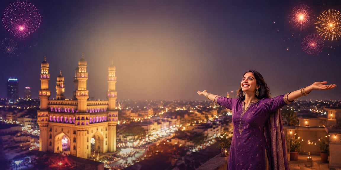 Night view of Hyderabad Charminar with mobile payment concept