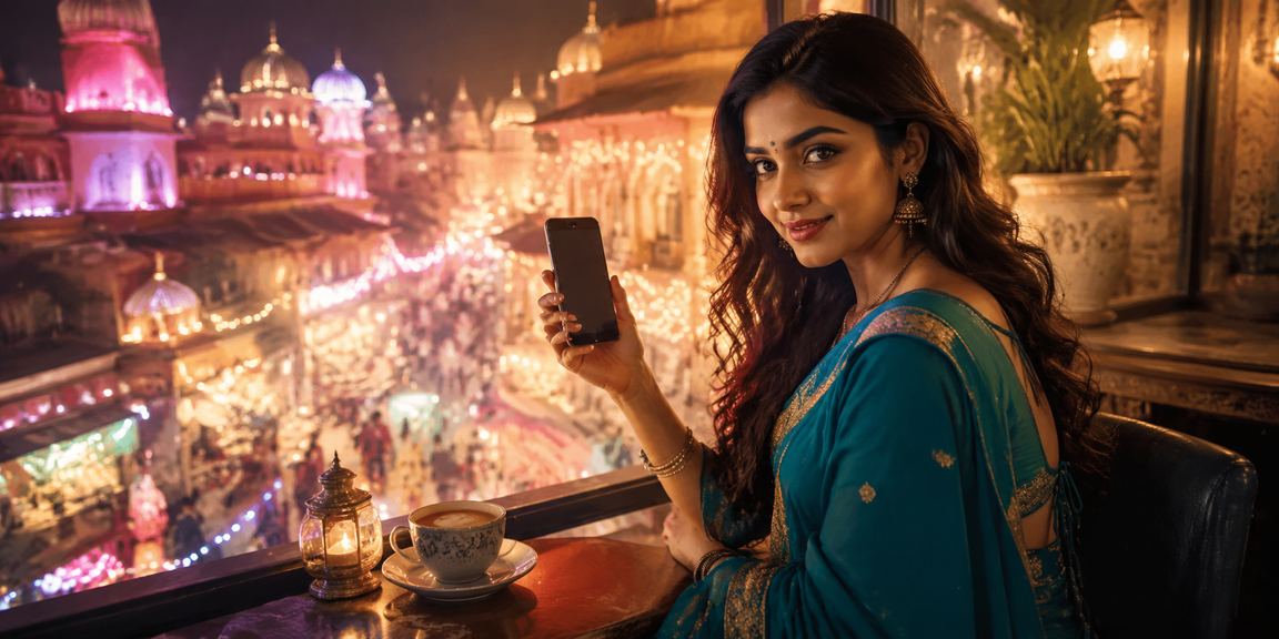 Indian woman enjoying mobile casino app with vibrant lights