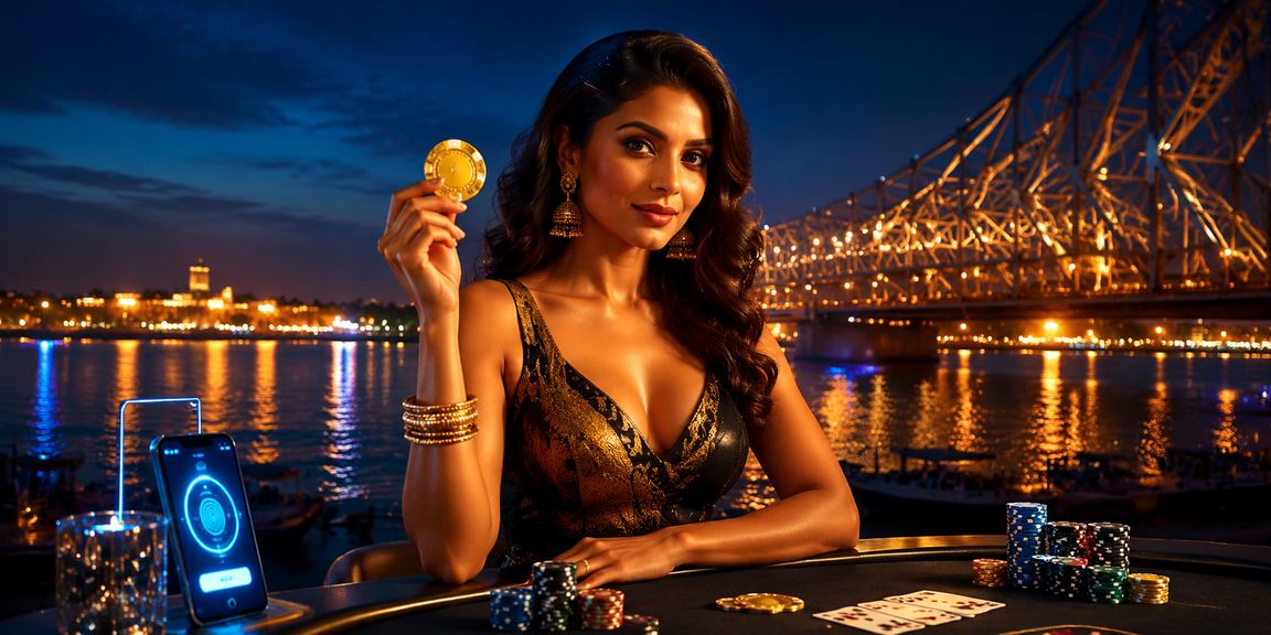Woman playing lottery and poker game in Kolkata with Howrah Bridge in background